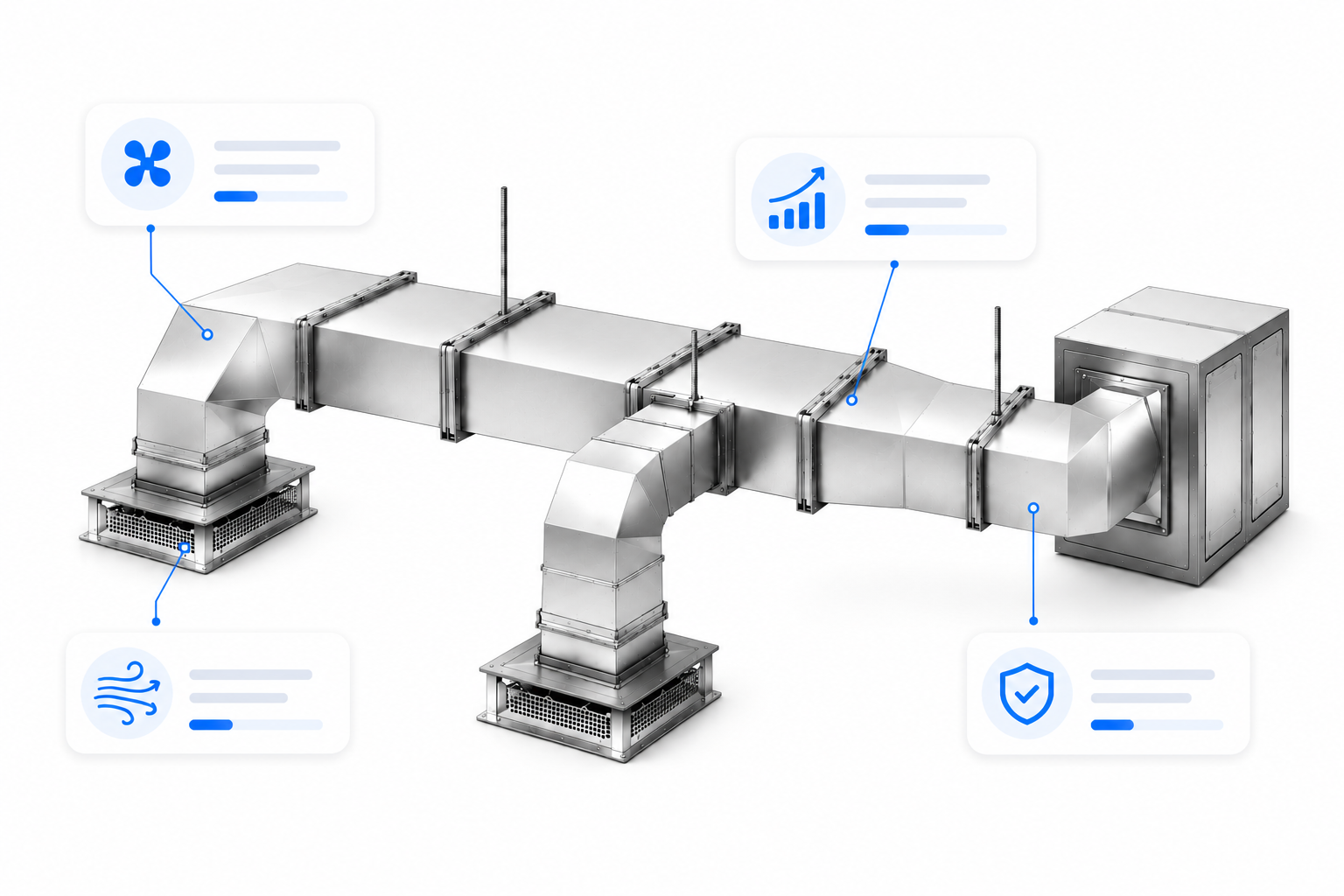 AAERO commercial sheet metal duct system infographic showing custom plenums and supply registers with performance airflow and durability indicators