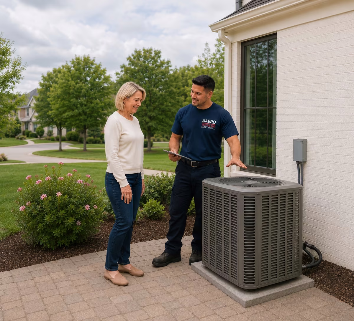 Family-owned Aaero technician reviewing an HVAC service estimate with a Marin County homeowner