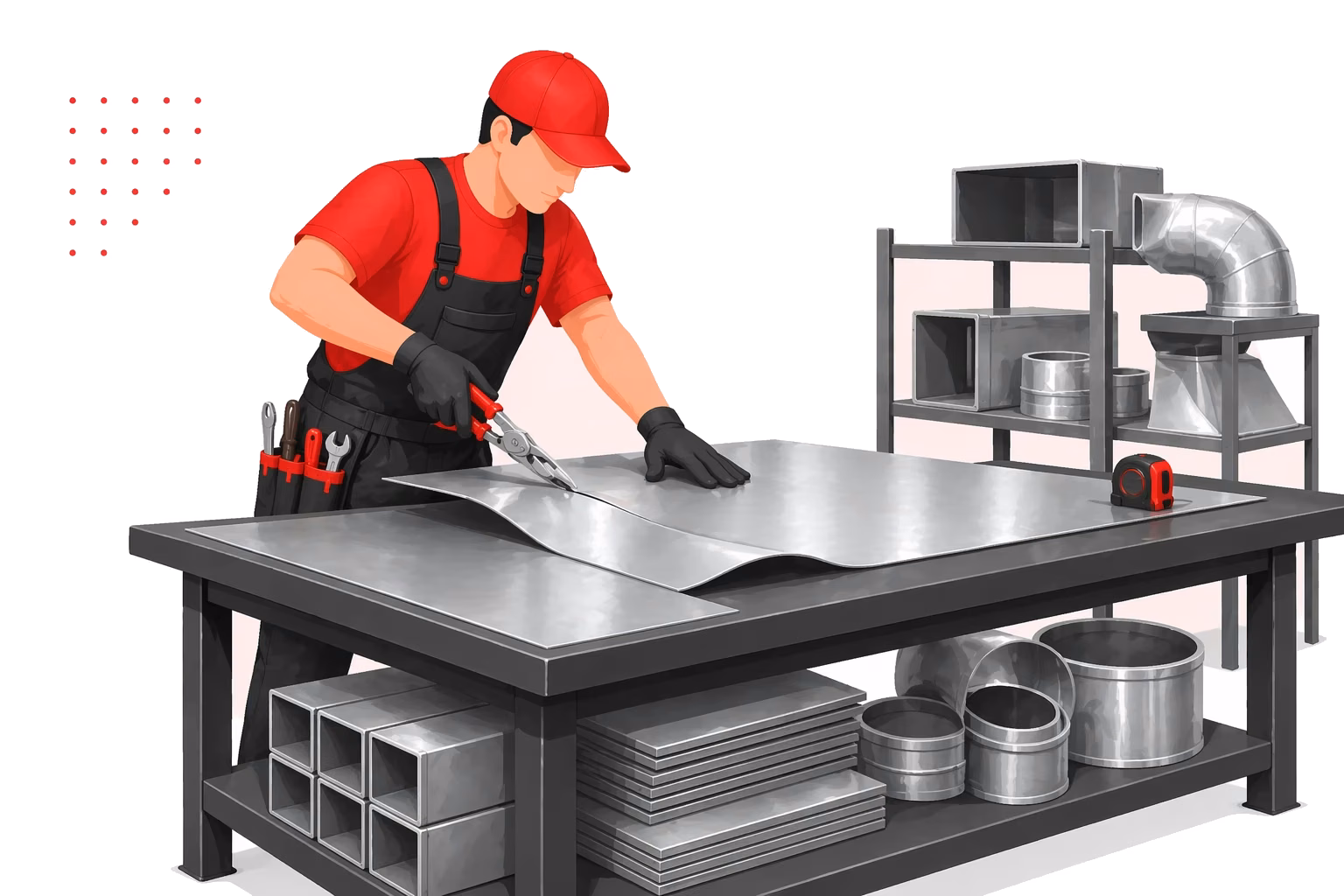 Illustration of the AAERO Novato sheet metal fabrication shop showing the team building custom commercial ductwork by hand