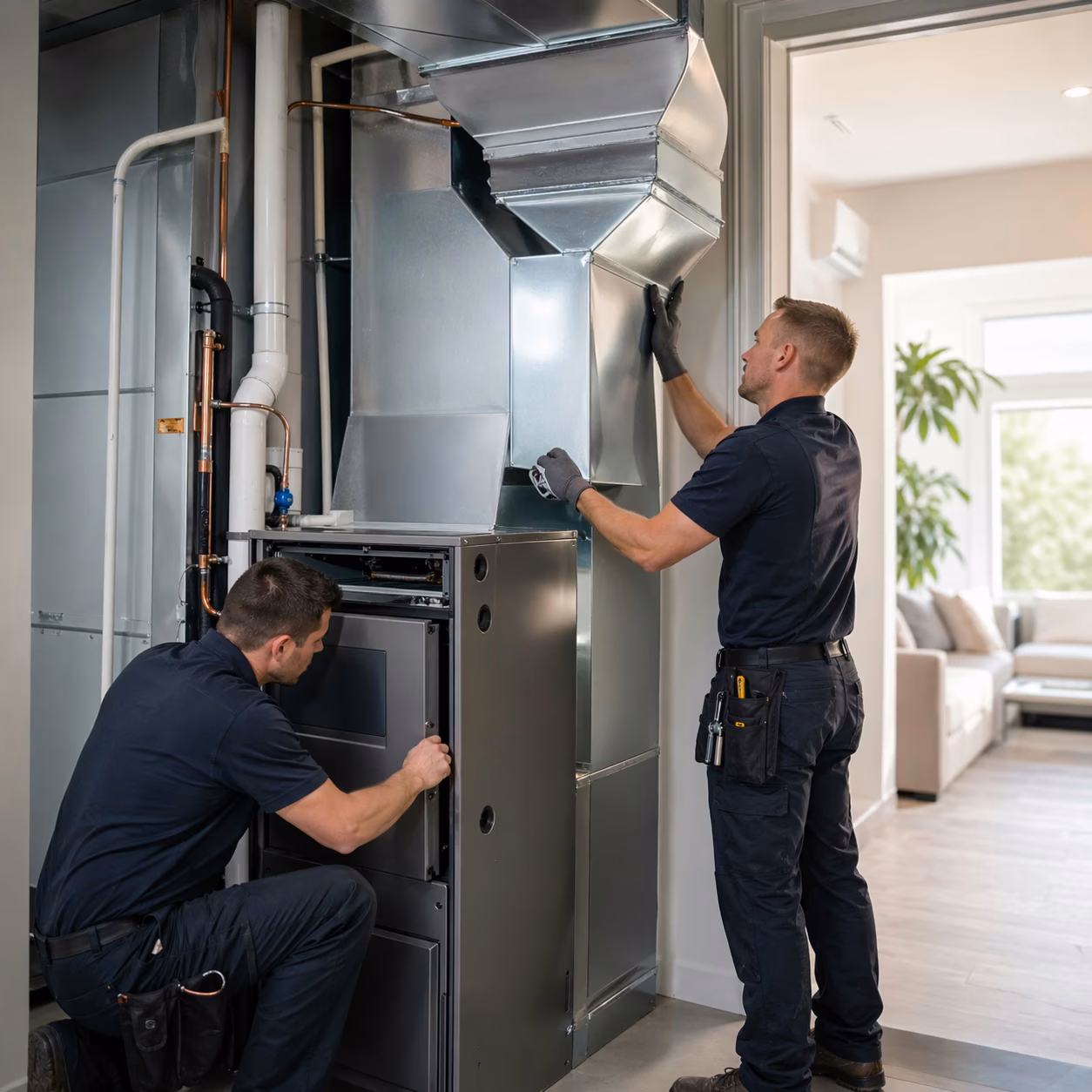 AAERO HVAC installation crew completing a high-efficiency furnace and ductwork installation in a Marin County California home
