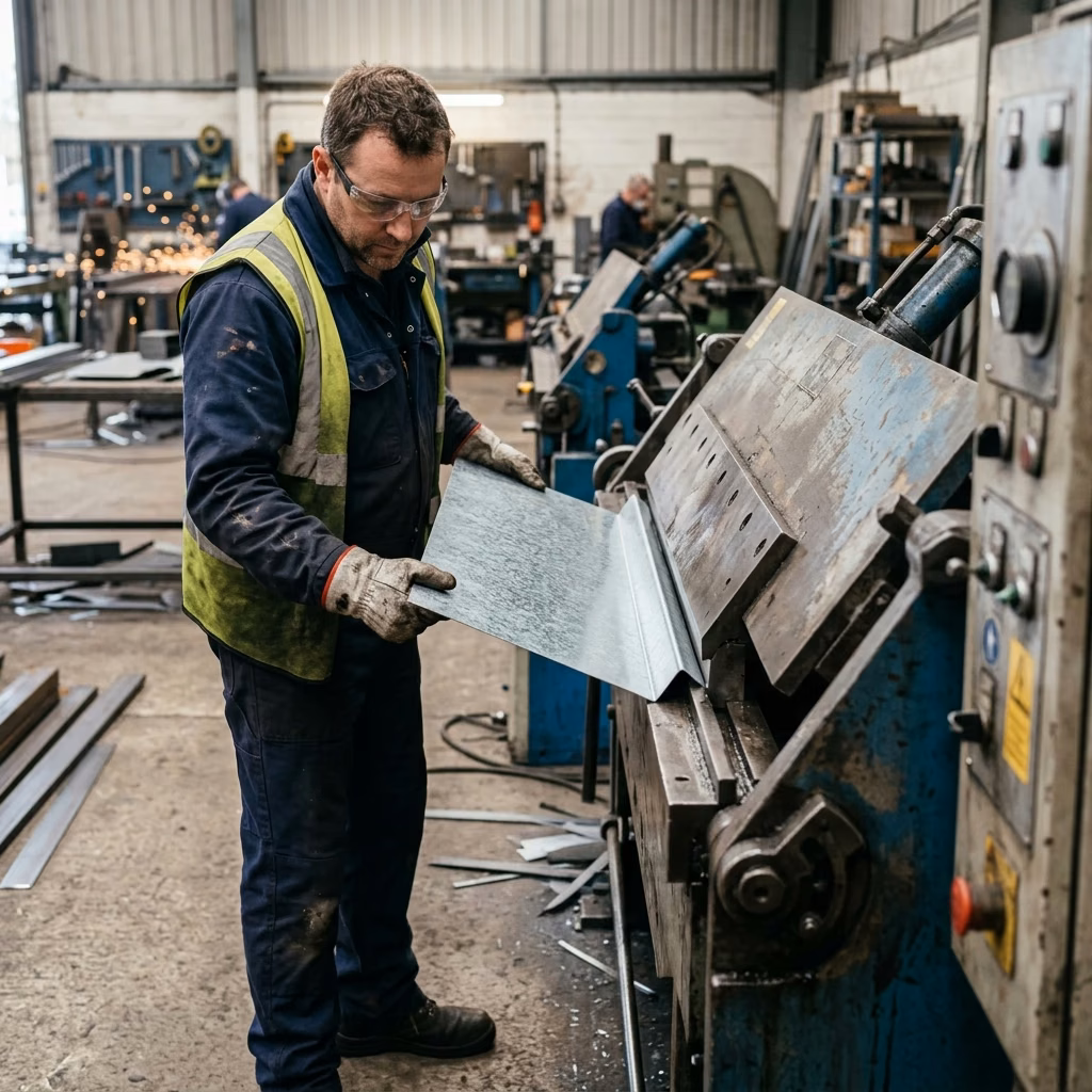 Inside the AAERO HVAC and Sheet Metal custom fabrication shop in Novato sparks fly as a technician cuts ductwork